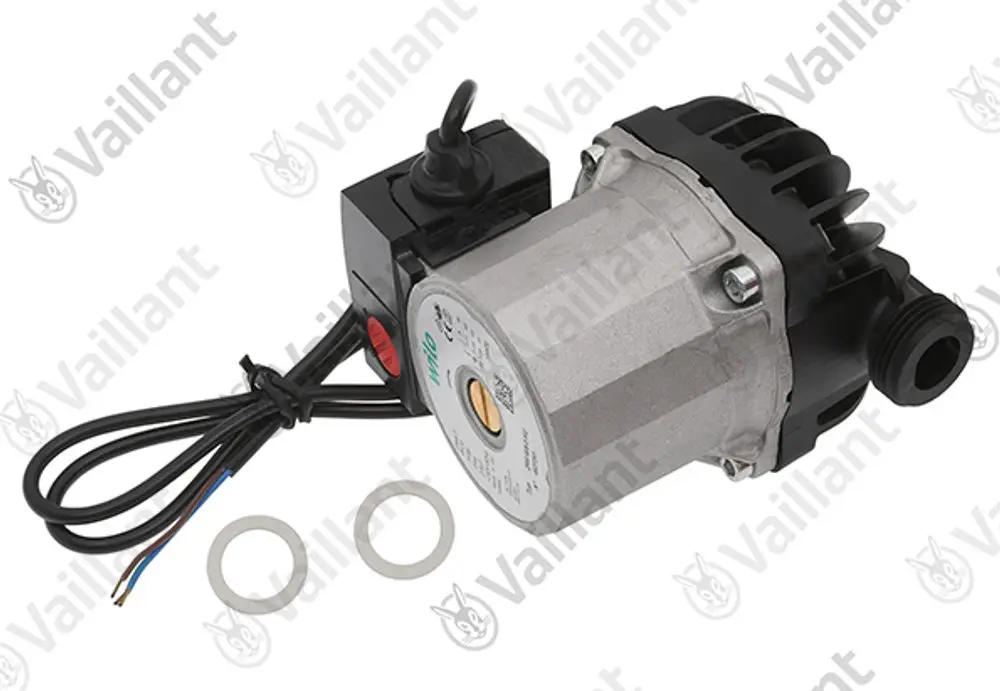 Vaillant Pumpe mit Motor und zwei Dichtungen, geeignet für Heizungsanwendungen, angeschlossen an ein elektrisches Steuergerät.